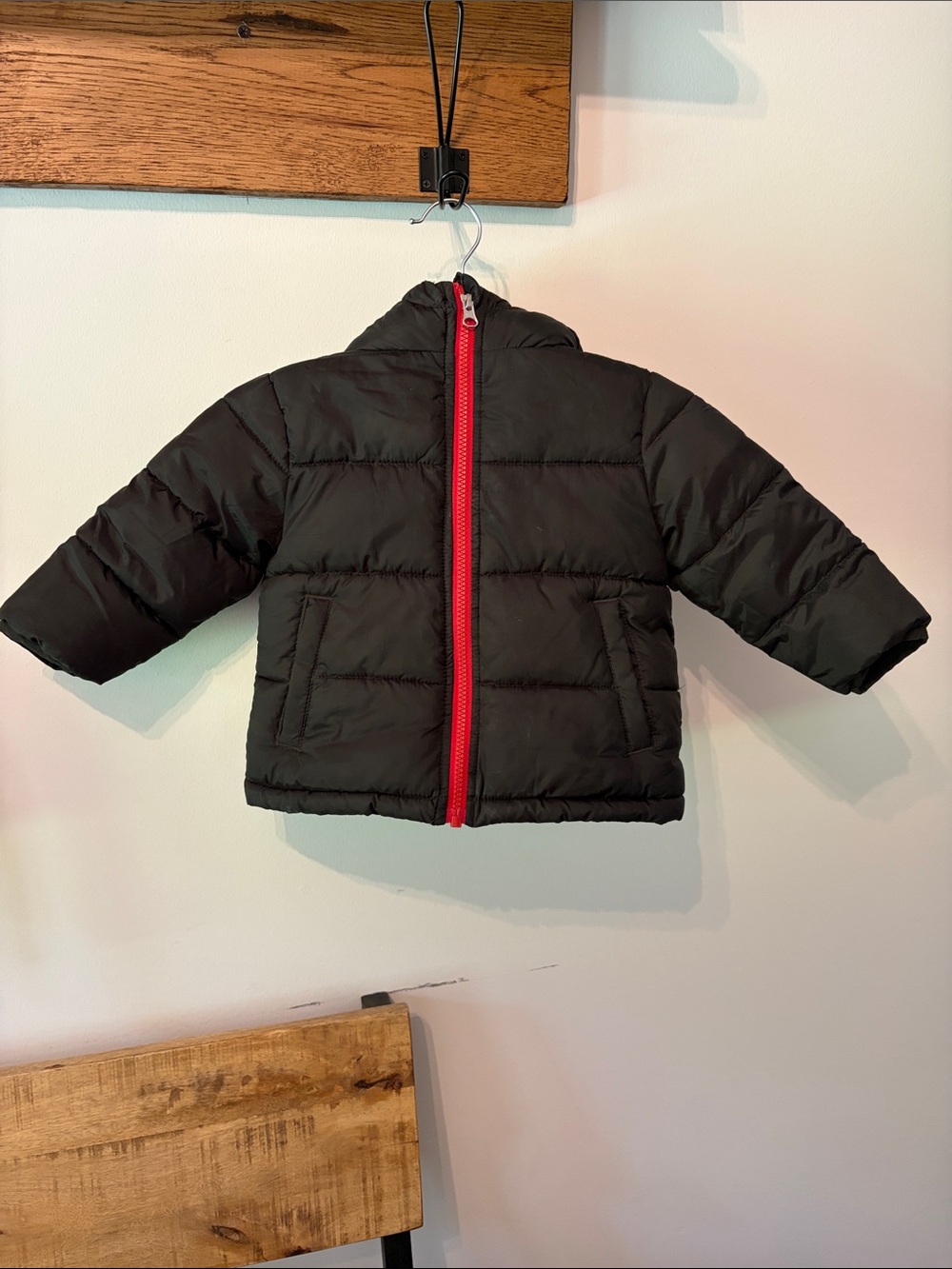 Baby Black Puffer Jacket with Red Zipper